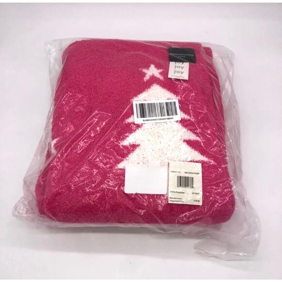 Magaschoni Pink & White Reversible Christmas Tree W/ Star Throw Blanket New - Picture 4 of 4